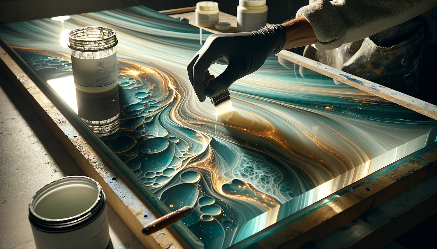 Application professionnelle de résine époxy transparente sur décoration murale contemporaine en phase de polymérisation avec reflets et pigments colorés