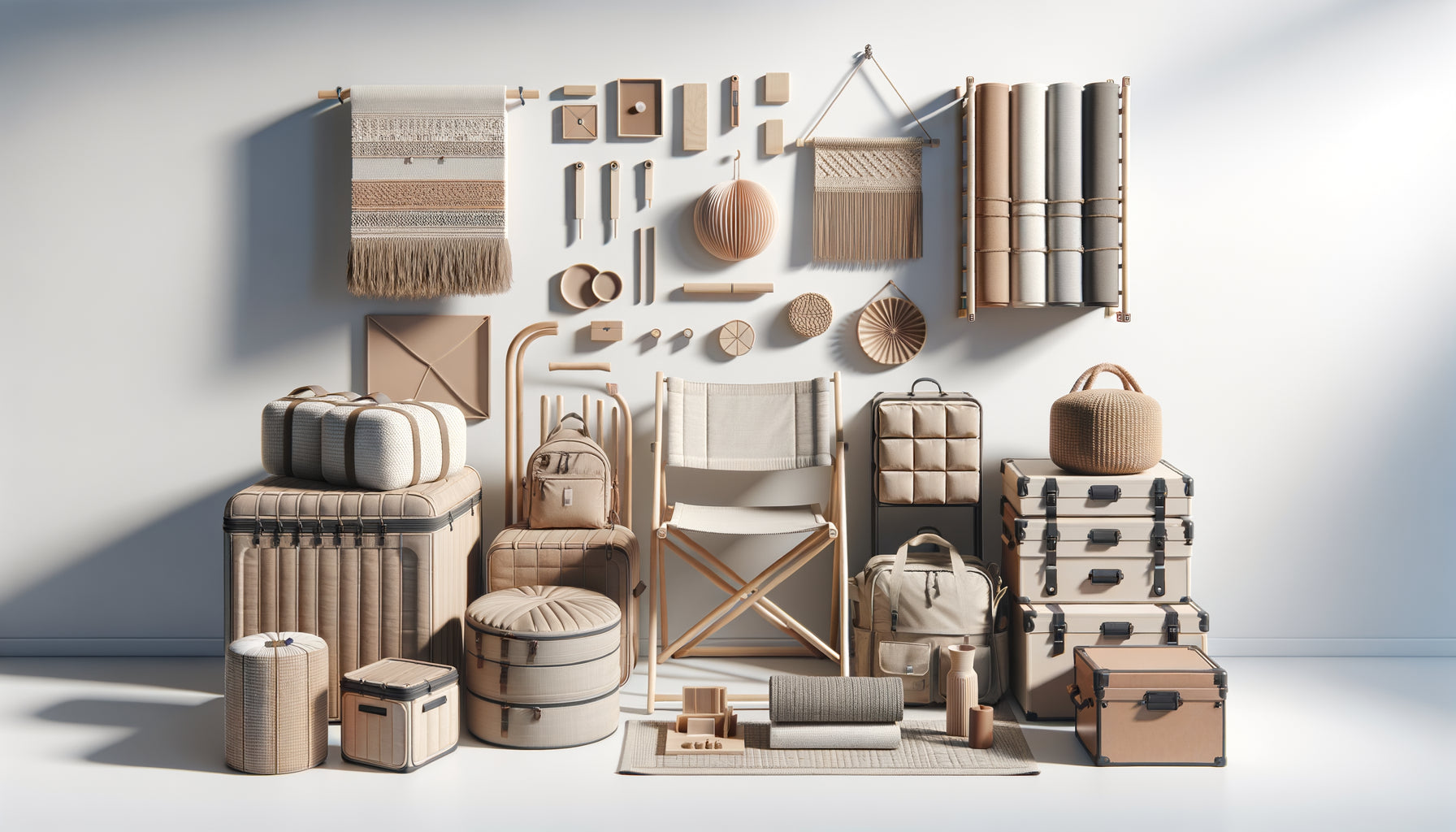 Mobilier modulaire et décorations portables disposés à plat, style nomade contemporain minimaliste