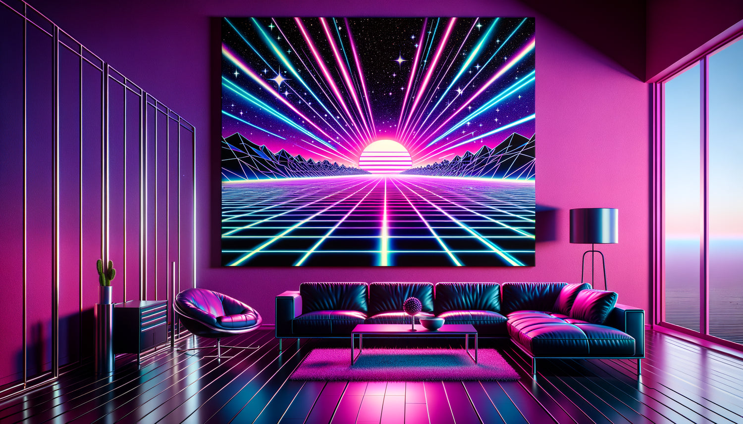Décoration murale style Outrun avec grille néon infinie en perspective, soleil magenta sur horizon cosmique cyan, créant une profondeur rétrofuturiste fascinante