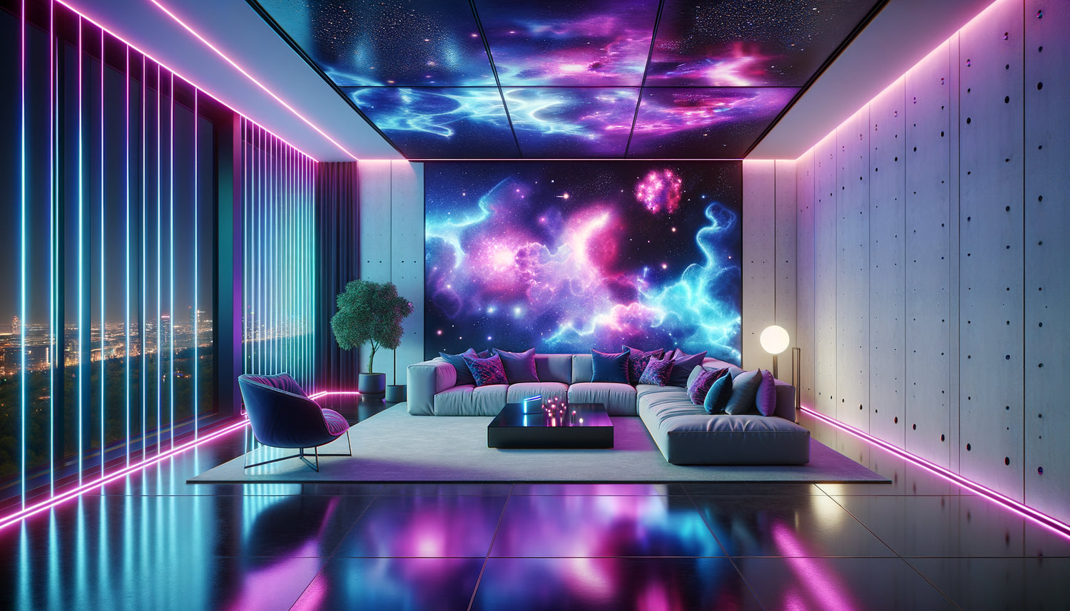 Salon moderne sophistiqué avec projections de nébuleuses fluorescentes violettes et bleues sur les murs, éclairages néon roses et mobilier contemporain minimaliste