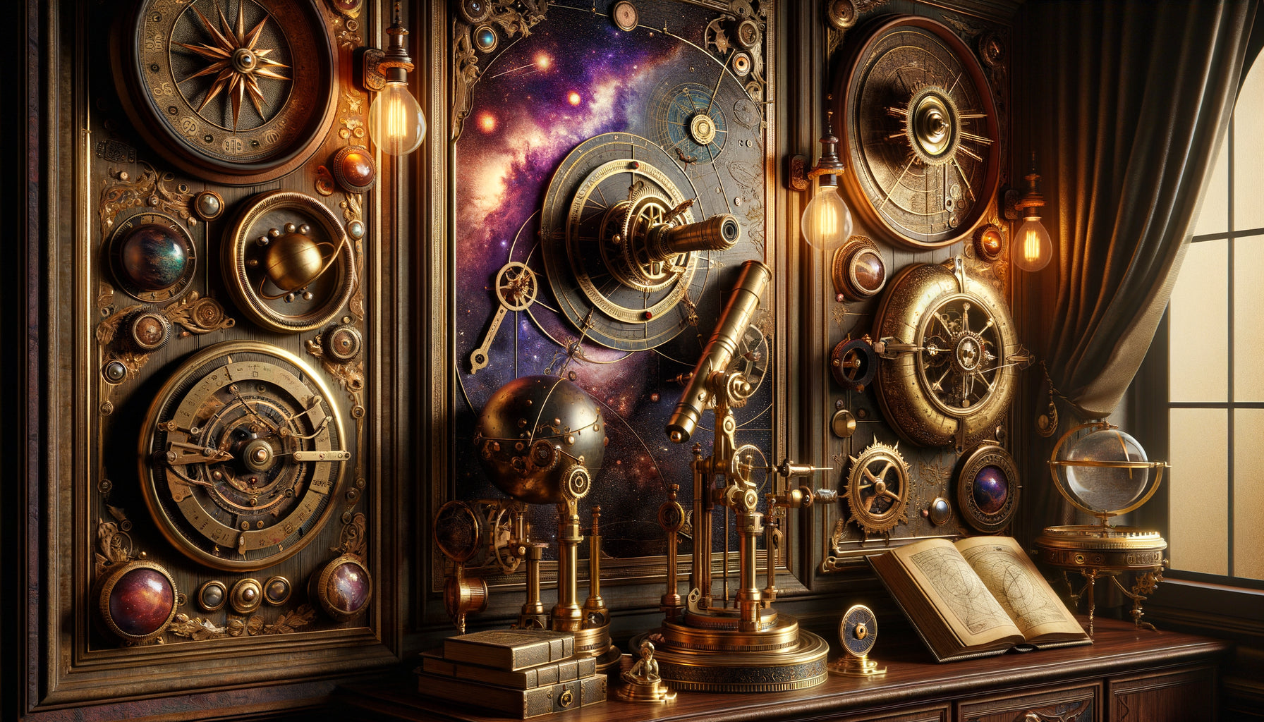 Décoration murale steampunk spatial avec instruments astronomiques en laiton patiné, télescope vintage, cartes célestes et mécanismes d'horlogerie intégrés à des motifs de nébuleuses cosmiques