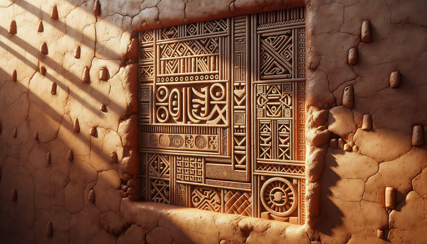 Mur de maison tamachek du Mali orné de caractères tifinagh gravés dans l'argile ocre, symboles géométriques touaregs traditionnels