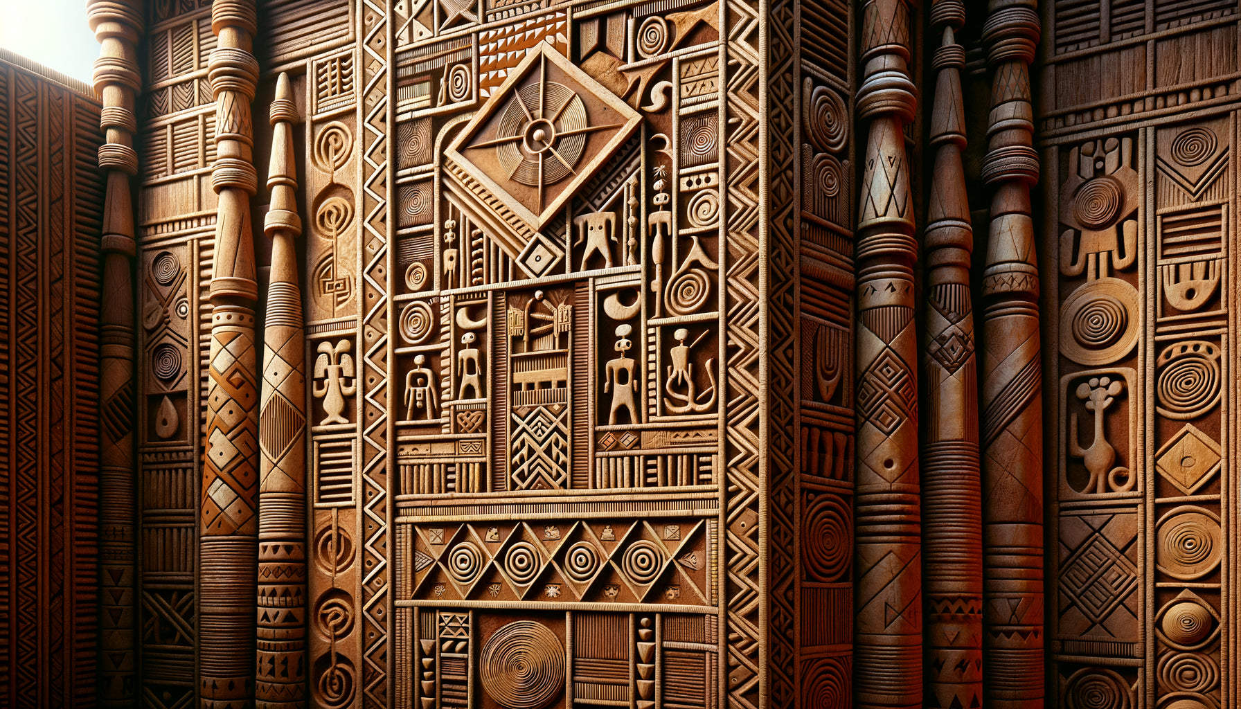 Décorations murales sculptées sophistiquées d'un grenier à palabres bamiléké traditionnel avec motifs géométriques ancestraux symboliques