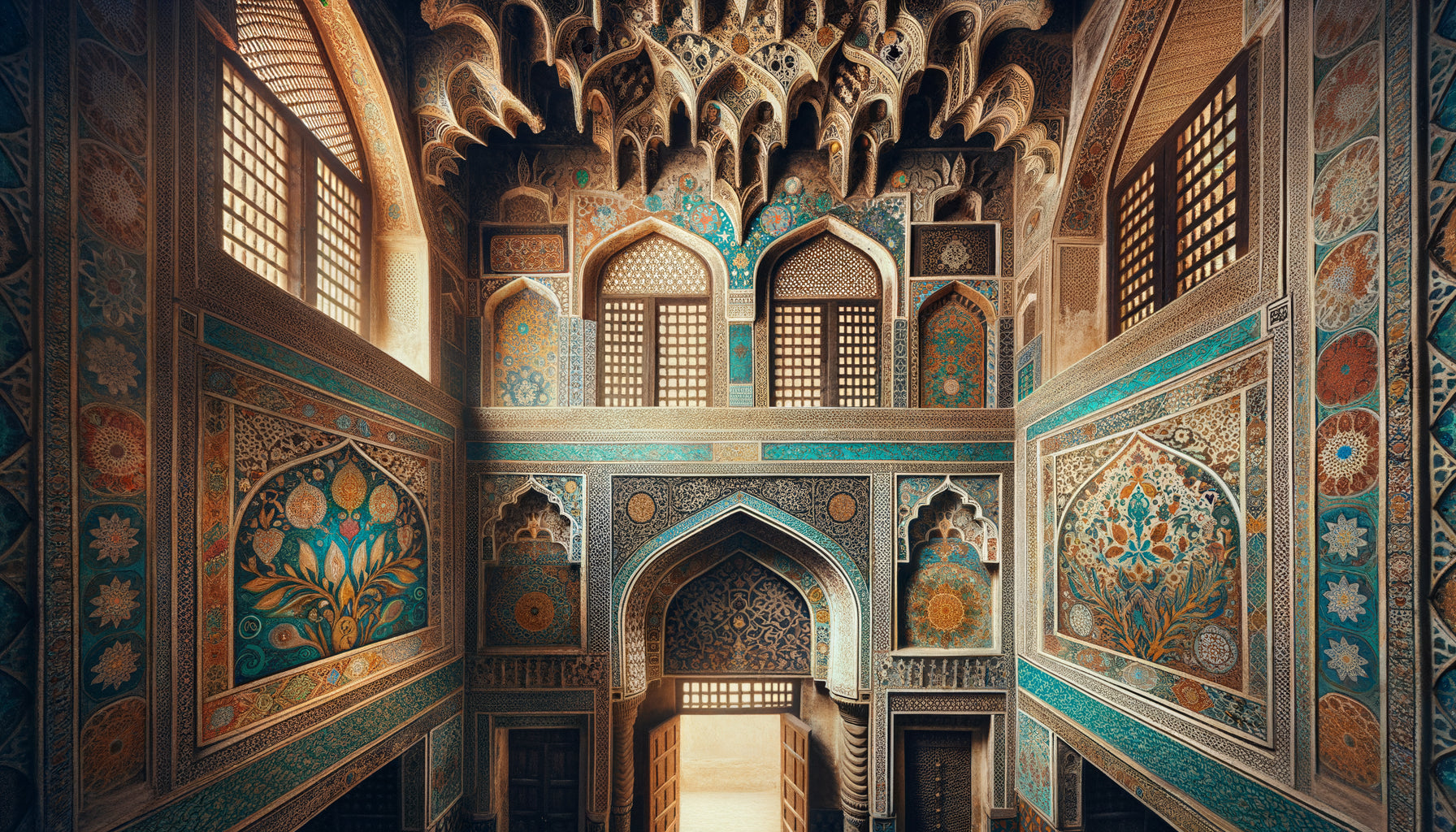 Décoration murale palatiale de Zanzibar mêlant motifs persans safavides et artisanat swahili, carreaux bleus et dorés