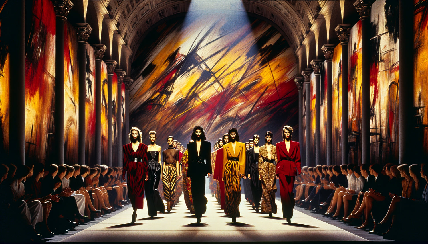 Défilé de mode années 1980 avec projections monumentales de peintures néo-expressionnistes aux couleurs vives en arrière-plan