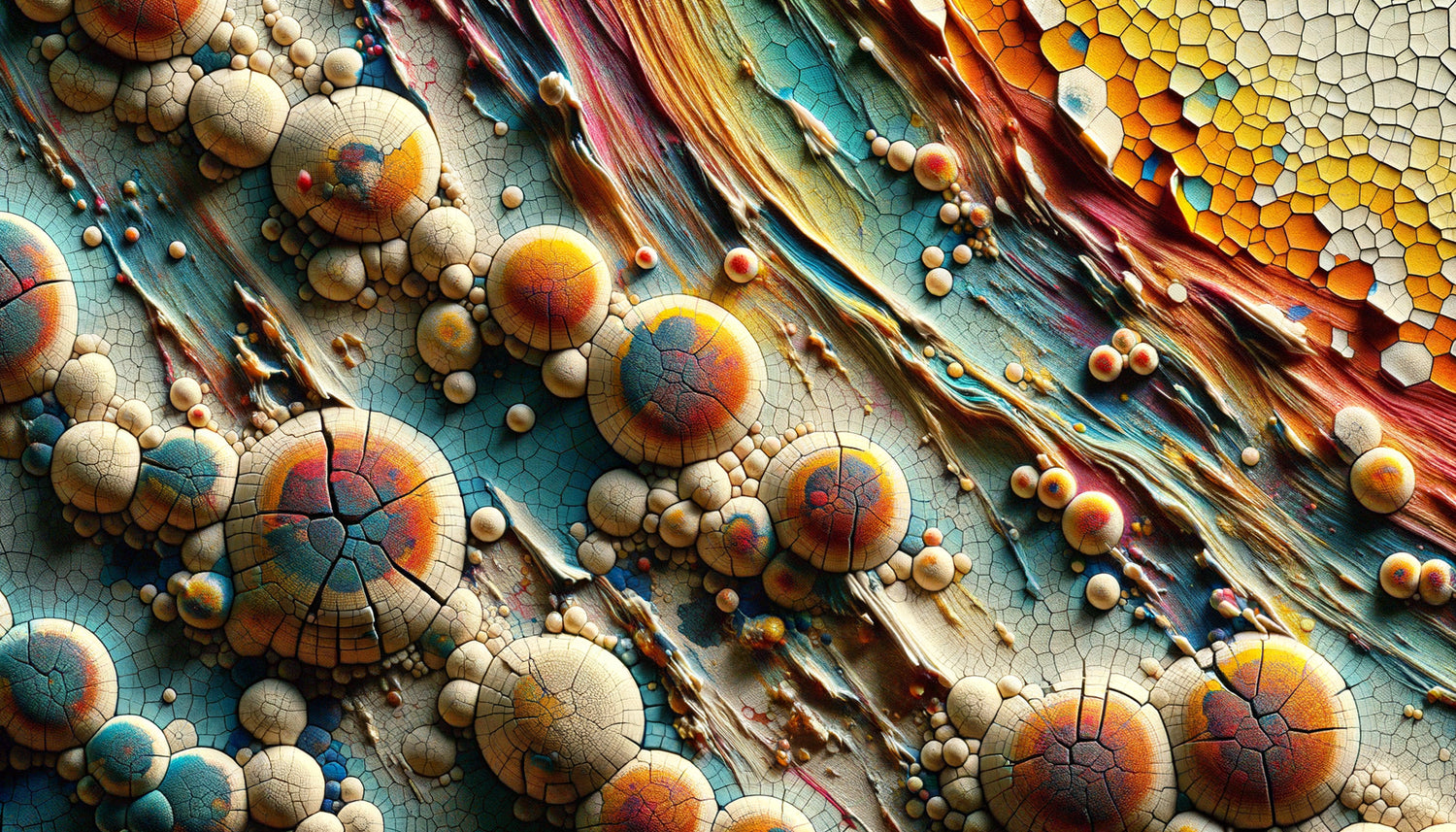 Macro photographie d'une surface de peinture abstraite contemporaine montrant fissures et dégradation des liants organiques