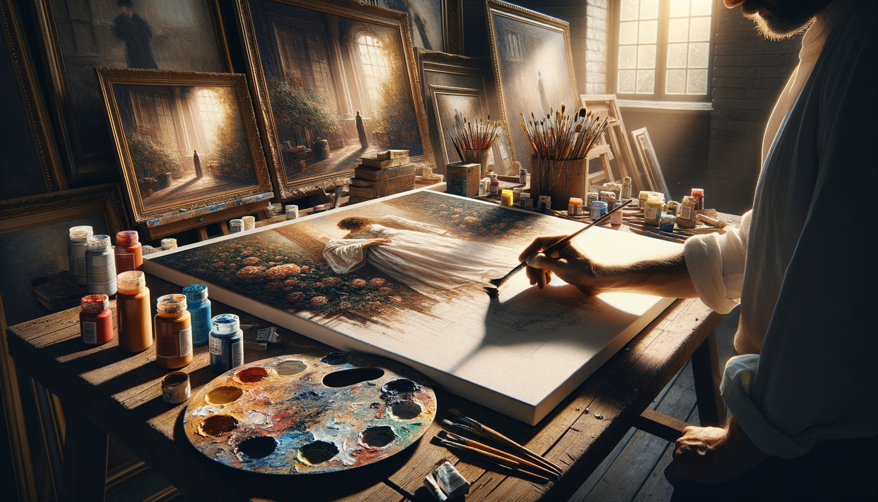 Artiste travaillant sur œuvre sur mesure en cours de création dans atelier, montrant le processus artisanal et temporel