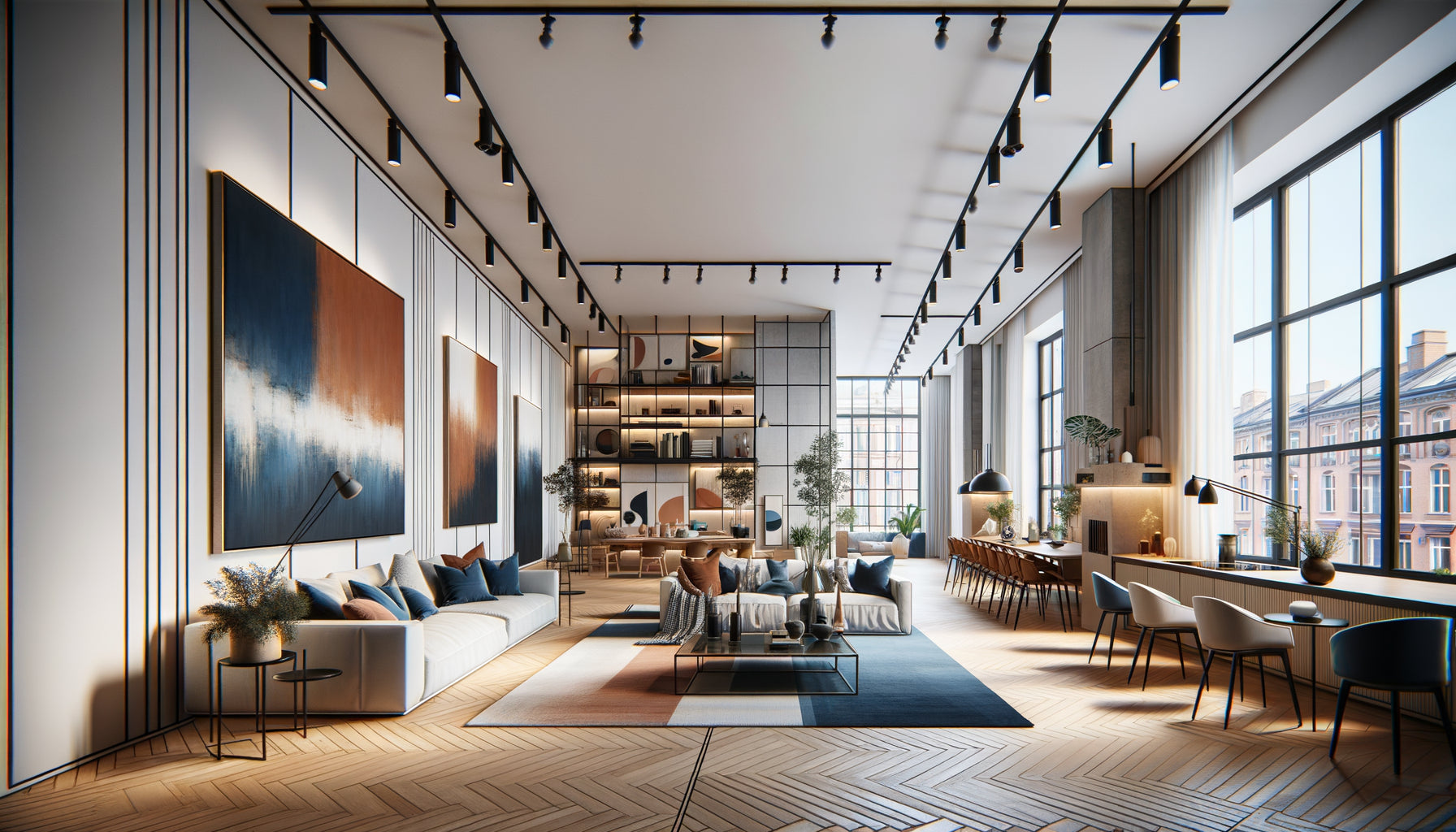 Espace ouvert moderne délimité par tableaux abstraits positionnés stratégiquement pour structurer les zones salon et salle à manger