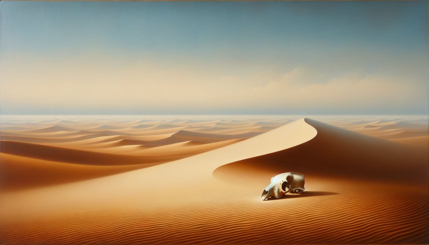 Peinture minimaliste de désert style Georgia O'Keeffe, crâne blanchi et dunes infinies, quête spirituelle intérieure