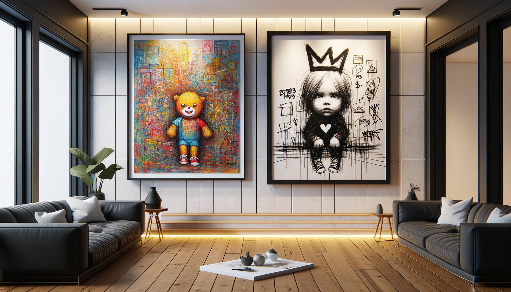 Dessin d'enfant encadré professionnellement côtoyant œuvre style Basquiat sur mur contemporain élégant