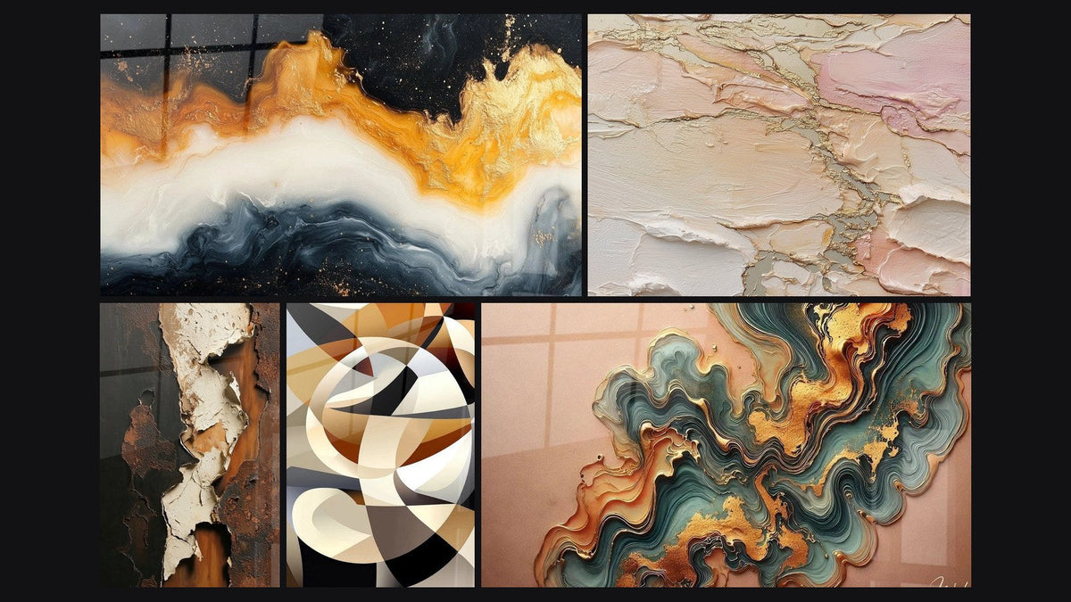 Mosaik aus fünf Gemälden, darunter Ewige Flut Gold, Zirkuläre Formen verschlungen und Kupferwelle