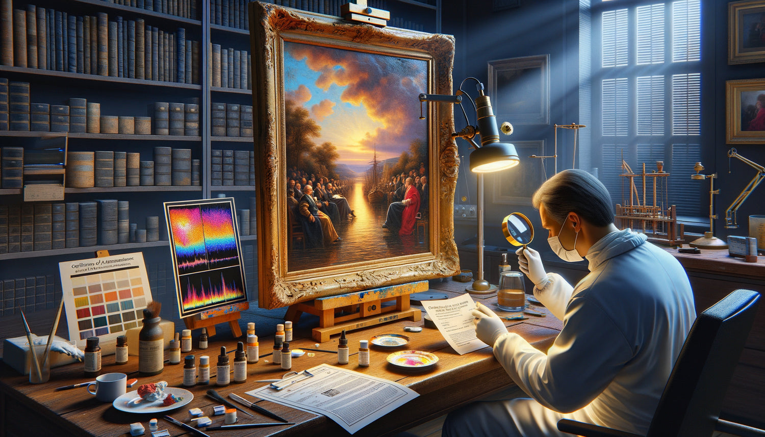 Expert examinant un tableau ancien à la loupe révélant signature hésitante et fausses craquelures superficielles