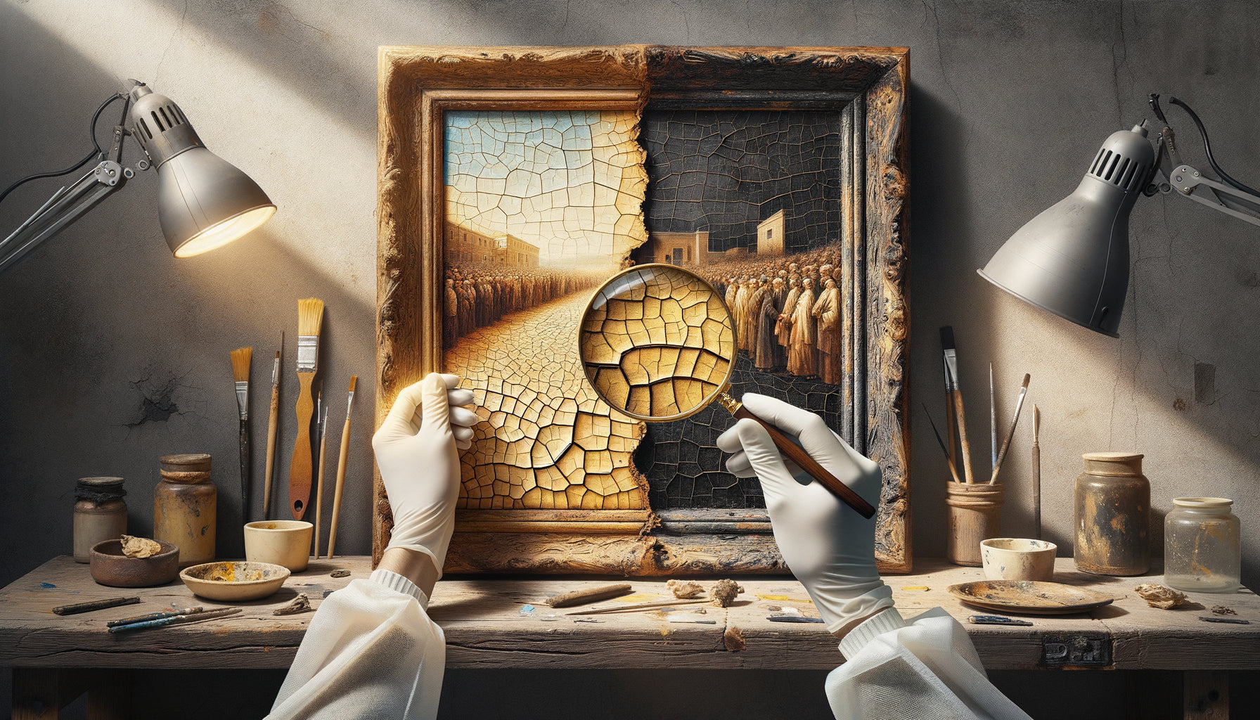 Examen comparatif détaillé d'un tableau vintage authentique versus faux vieilli artificiellement, montrant craquelures naturelles et factices