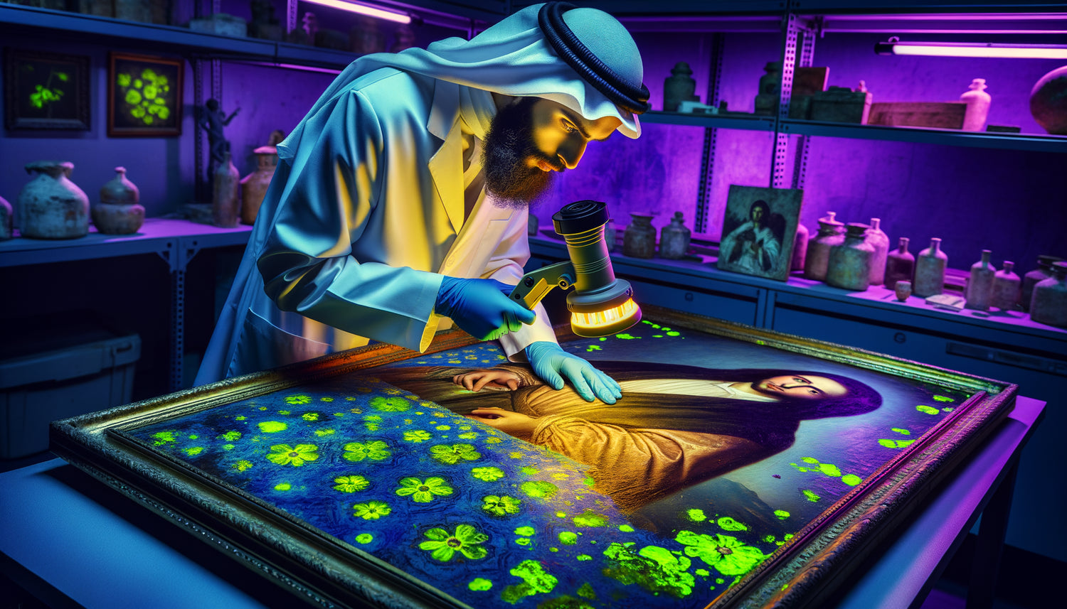 Restaurateur examinant tableau ancien sous lumière ultraviolette révélant repeints fluorescents cachés