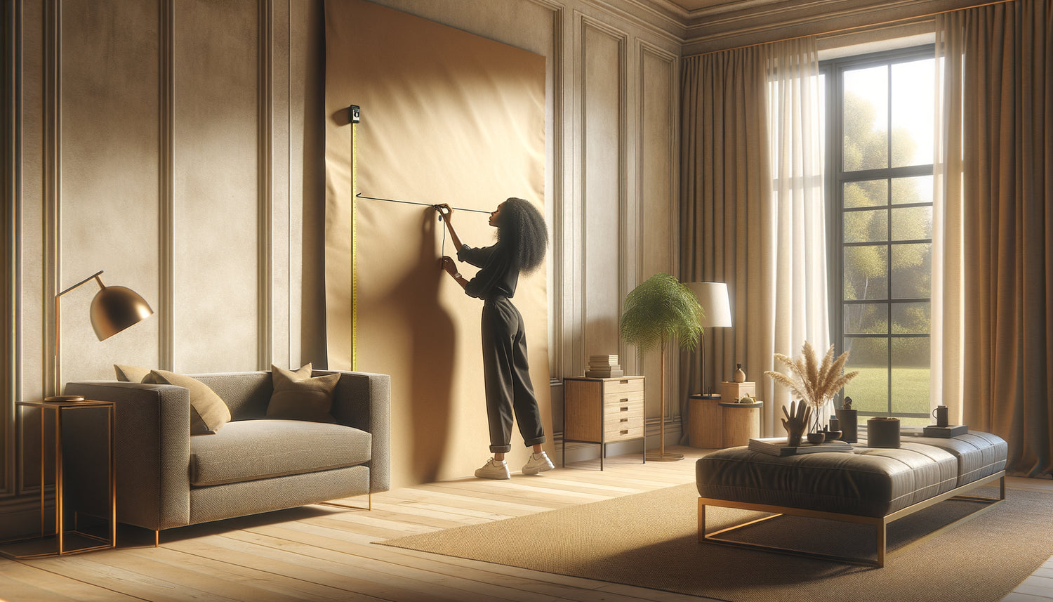 Designer mesurant un mur avec gabarit papier pour déterminer la taille idéale d'un tableau dans un salon