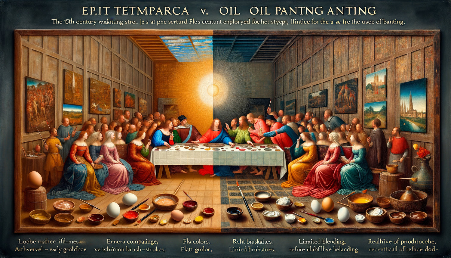 Comparaison visuelle entre détrempe et peinture à l'huile, style Renaissance flamande du XVe siècle