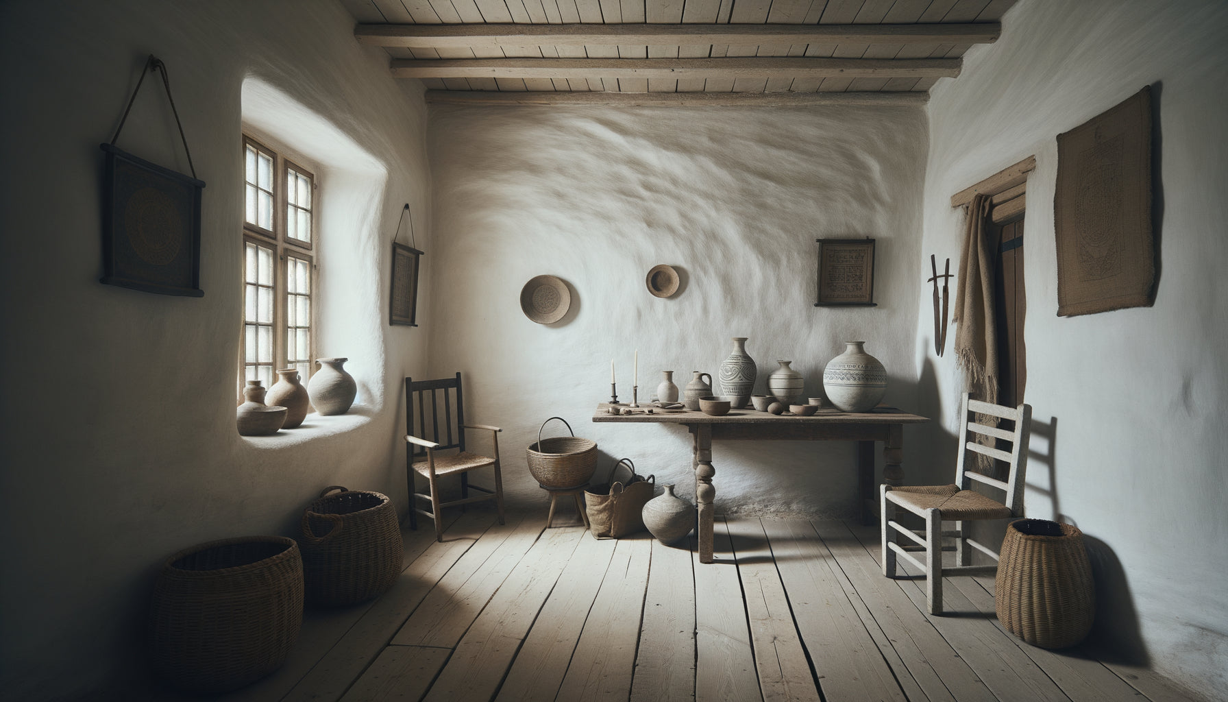 Intérieur scandinave authentique du XVIIe siècle aux murs blanchis à la chaux, palette monochrome austère reflétant la dévaluation monétaire