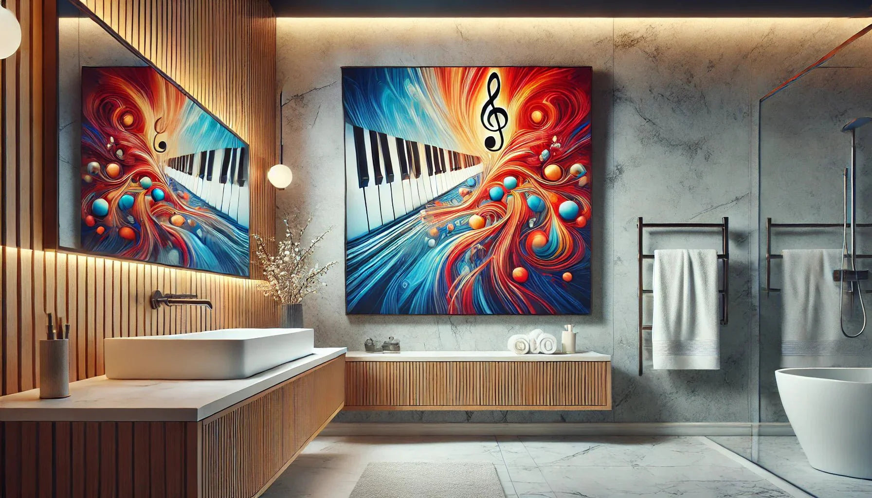 "Tableau piano abstrait aux couleurs vives dans une salle de bain moderne avec accents boisés et éclairage doux, apportant une ambiance artistique et dynamique."