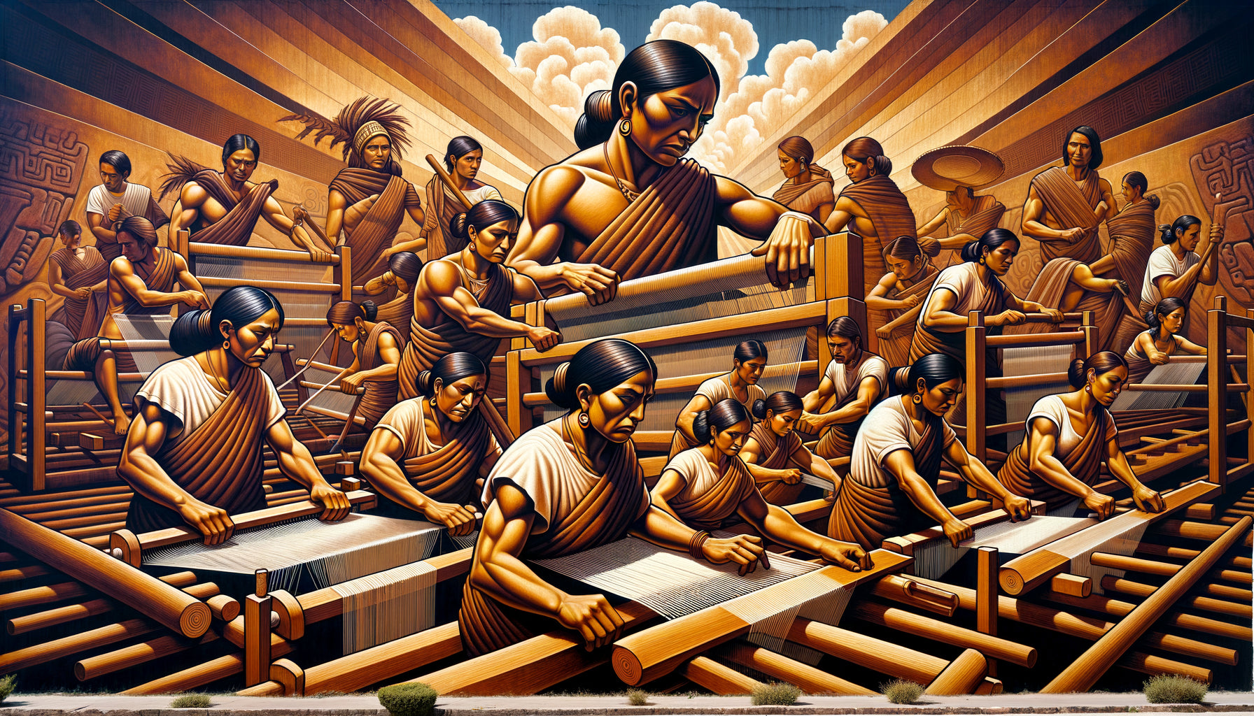 Fresque murale style Diego Rivera représentant des tisserandes mexicaines puissantes au travail, réalisme social révolutionnaire années 1930