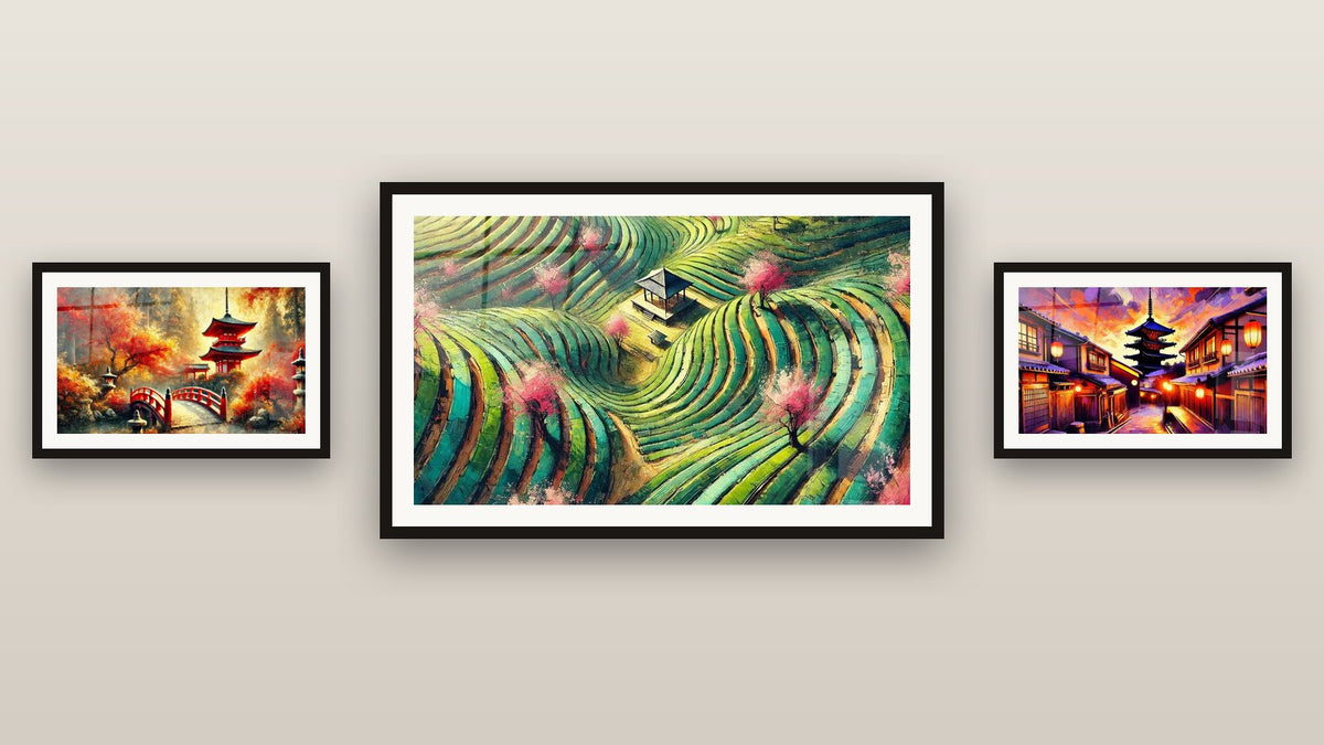 Pared de galería con tres cuadros enmarcados: Japonés N°6, Japonés Zen N°1 y Paisaje Japonés N°1