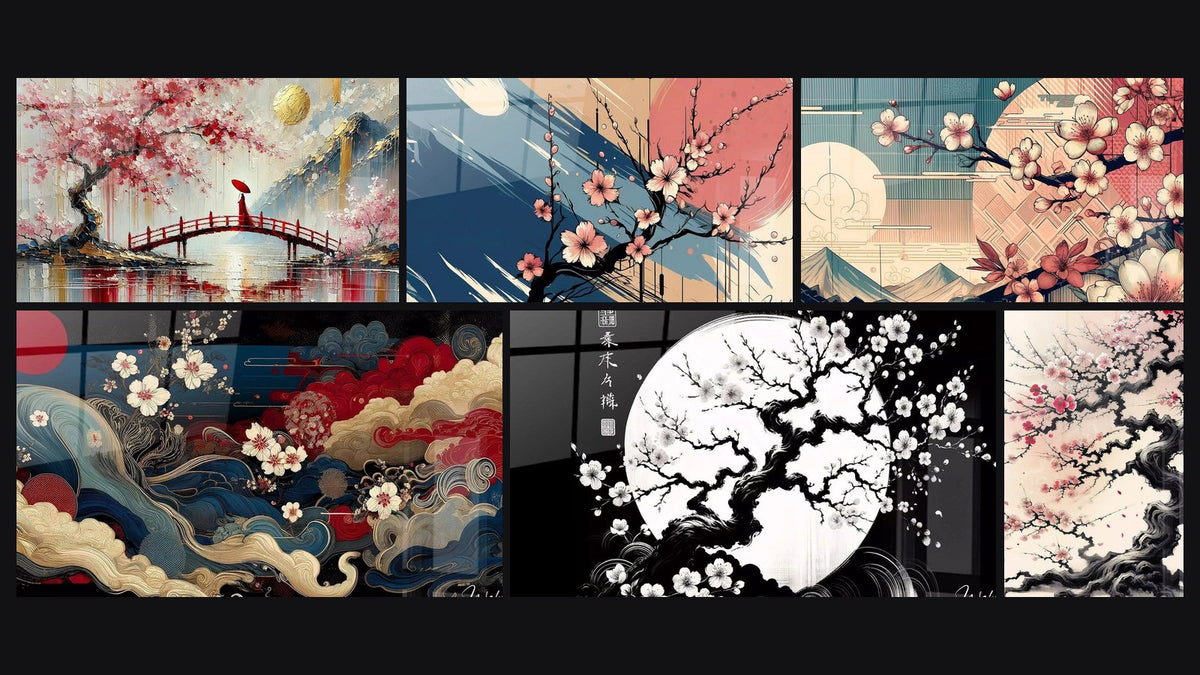 Mosaic of six paintings, including Passage Under the Sakura, Silk Dream and Petals Poetry