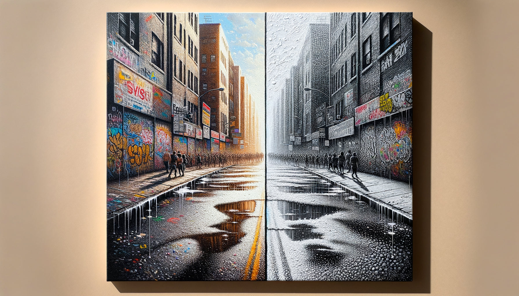 Comparaison détaillée entre texture en relief d'un street art original et surface plate d'une édition limitée imprimée