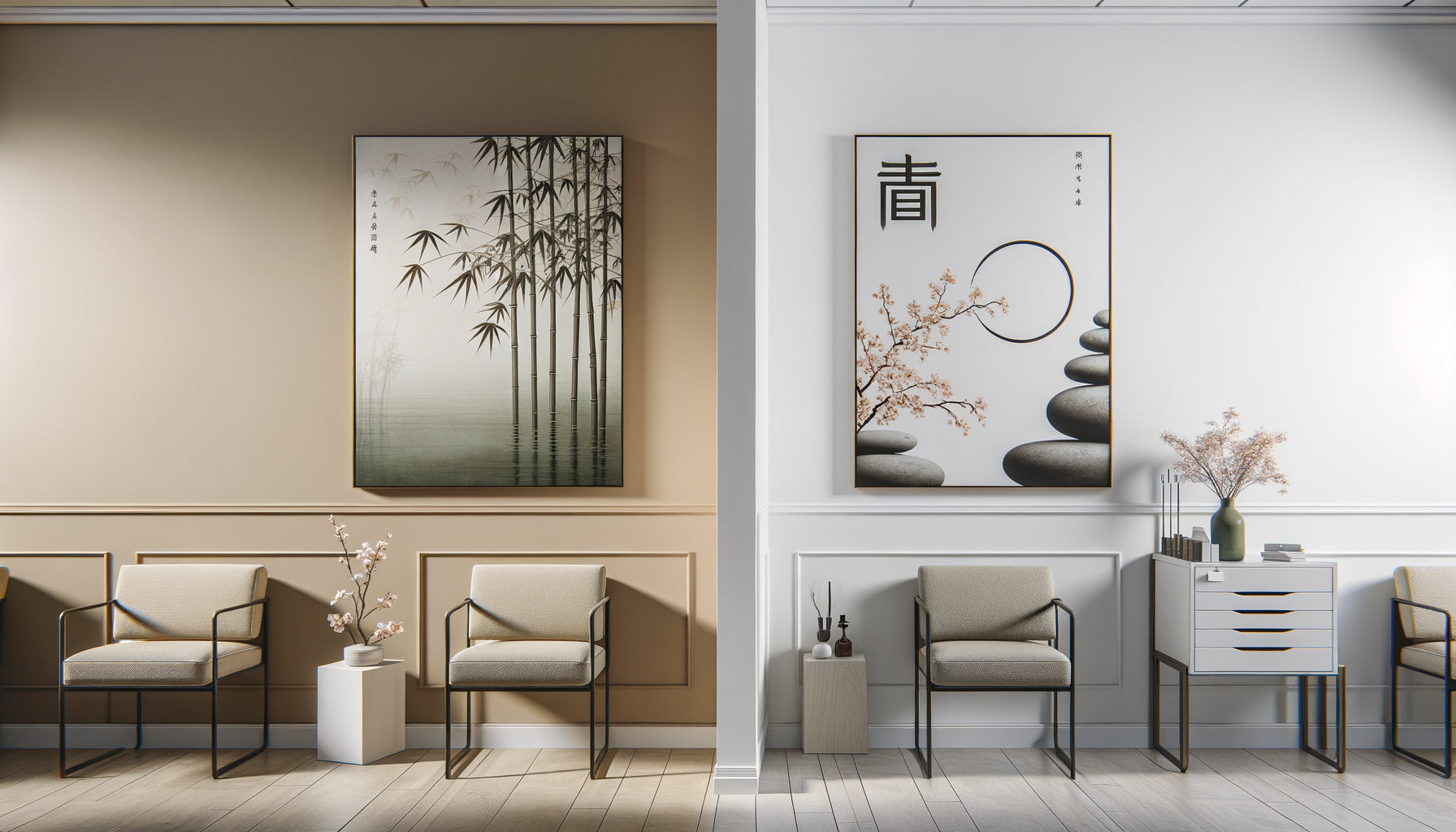 Comparaison visuelle entre tableau zen naturel et tableau minimaliste géométrique dans contexte médical contemporain