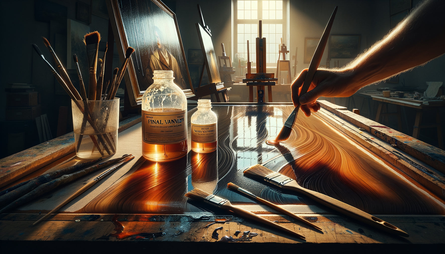 Application de vernis sur peinture à l'huile dans atelier d'artiste avec flacons de vernis final et à retoucher