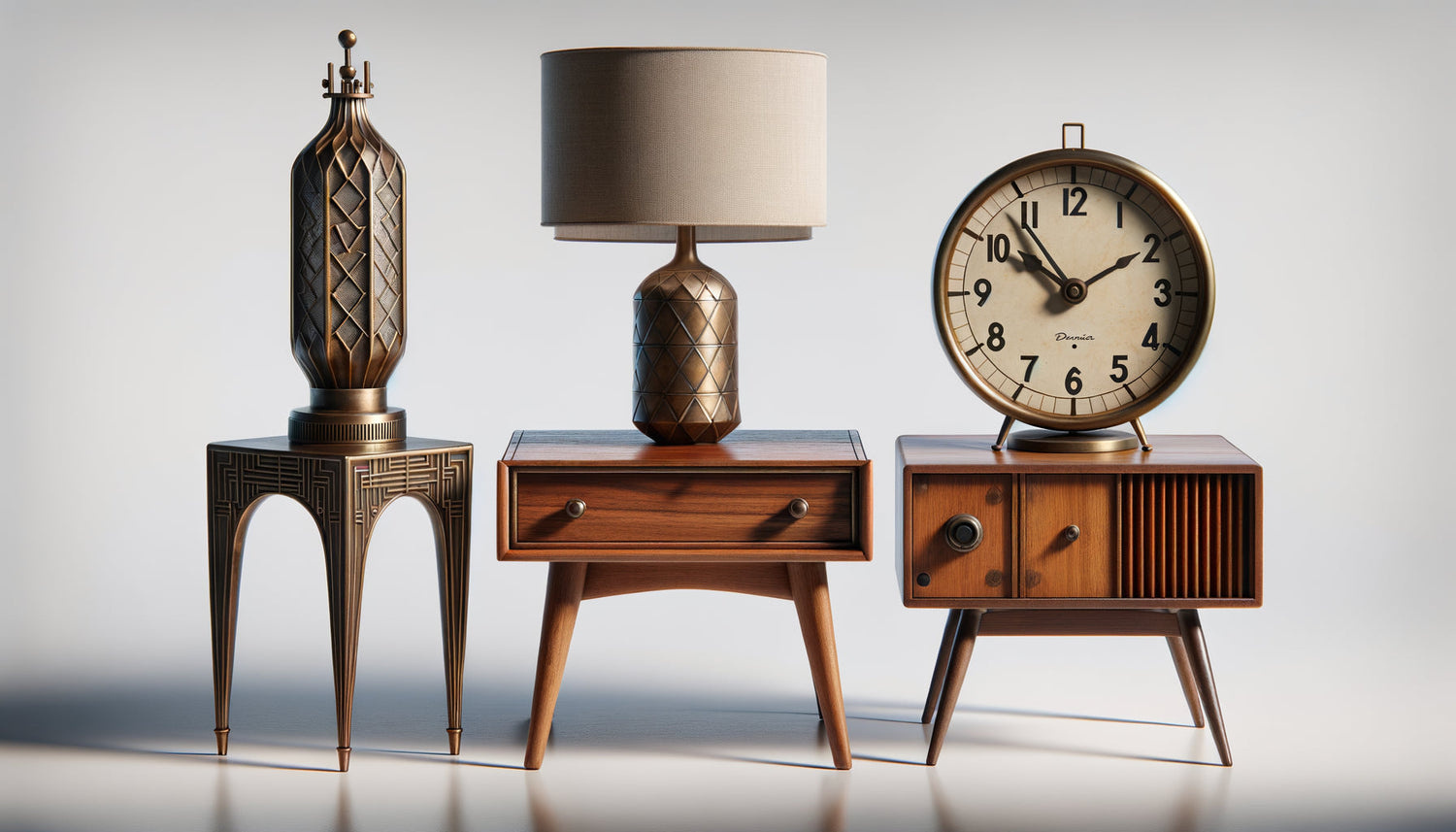 Comparaison visuelle entre objet antique Art Déco années 1920, meuble vintage scandinave années 1960 et reproduction rétro contemporaine