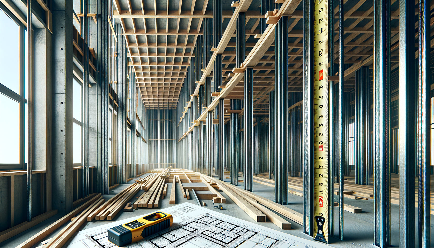 Montants verticaux structurels dans un espace de 3 mètres sous plafond en cours de construction