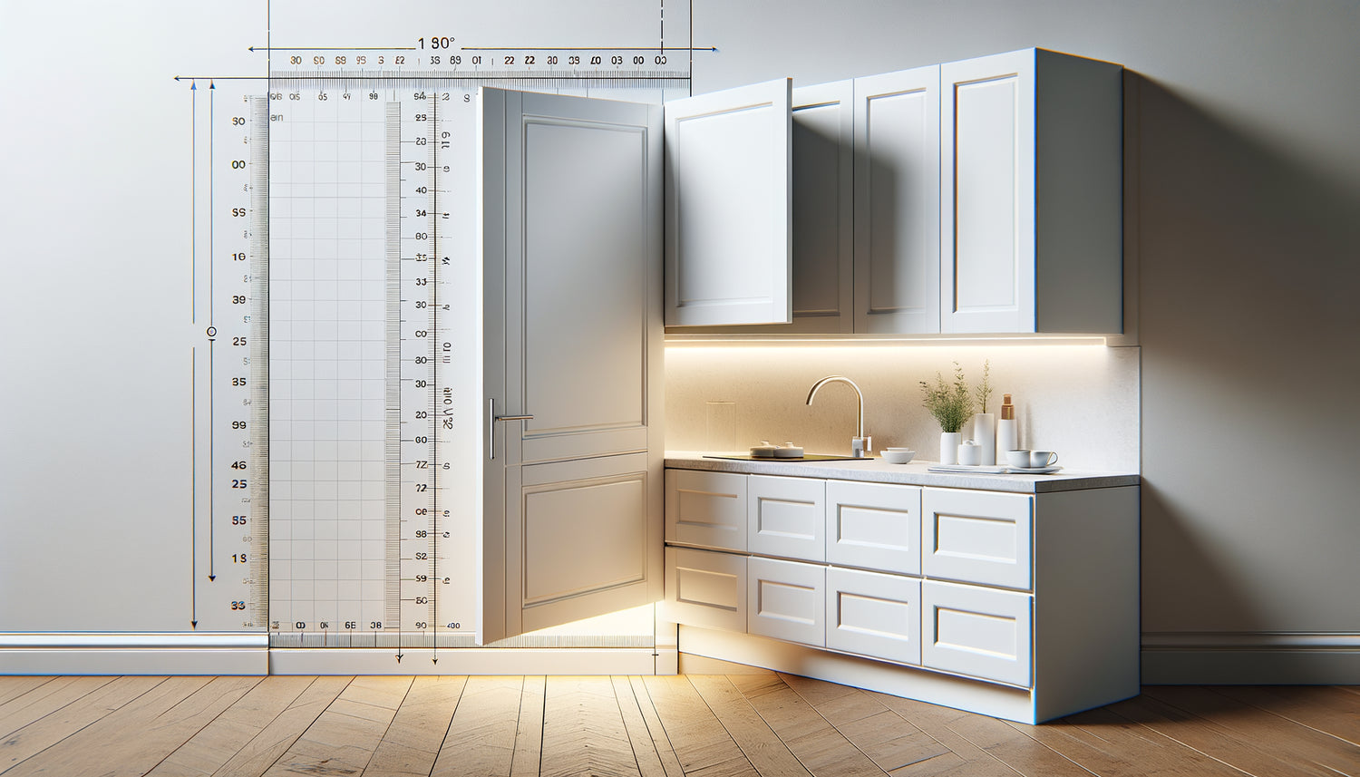 Porte de placard haut moderne en cours d'ouverture montrant l'espace de dégagement nécessaire par rapport au mur adjacent
