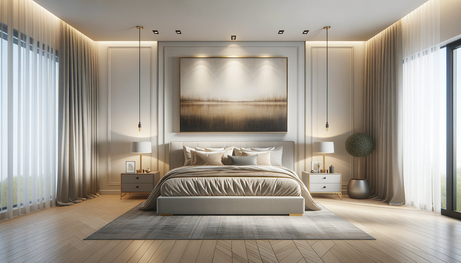 Chambre parentale moderne avec tableau aux dimensions idéales au-dessus du lit