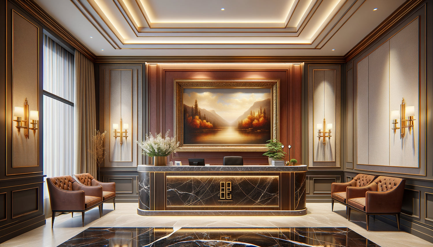 Hall d'étude notariale contemporain avec tableau de grandes dimensions accroché selon les proportions idéales