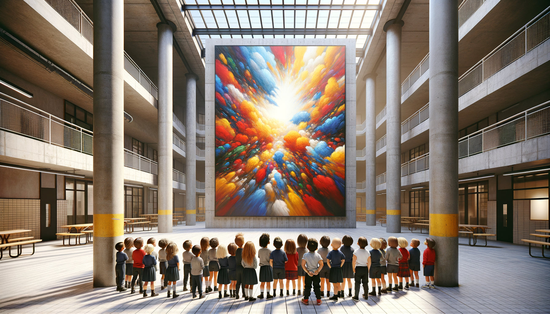 Tableau coloré de grand format accroché dans un préau d'école maternelle à hauteur du regard des enfants