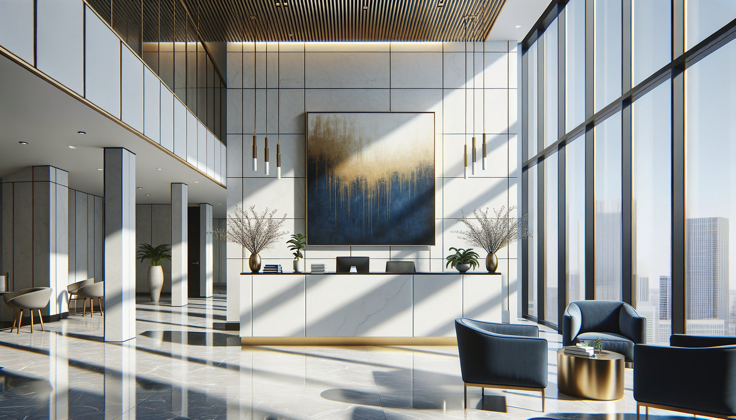 Réception juridique moderne avec tableau aux proportions idéales sur mur principal, décoration professionnelle élégante