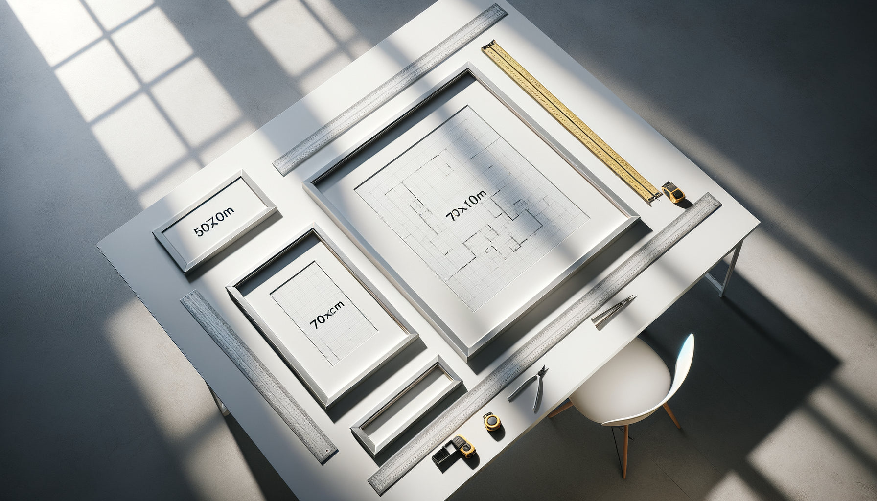 Trois cadres vides aux dimensions universelles posés avec plan d'aménagement et mètre ruban, perspective design d'intérieur