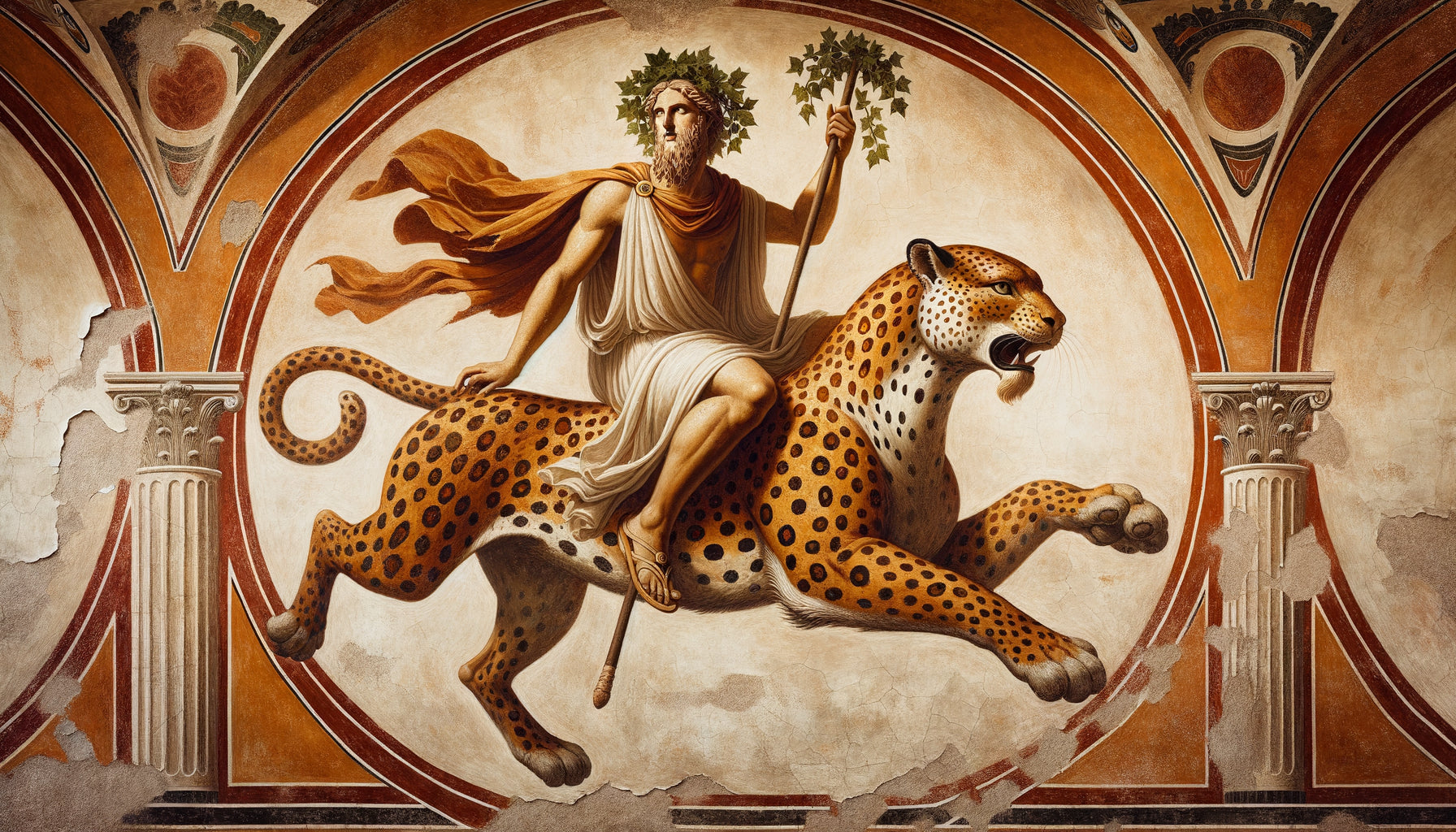 Fresque gréco-romaine antique représentant Dionysos chevauchant un léopard tacheté, style hellénistique classique