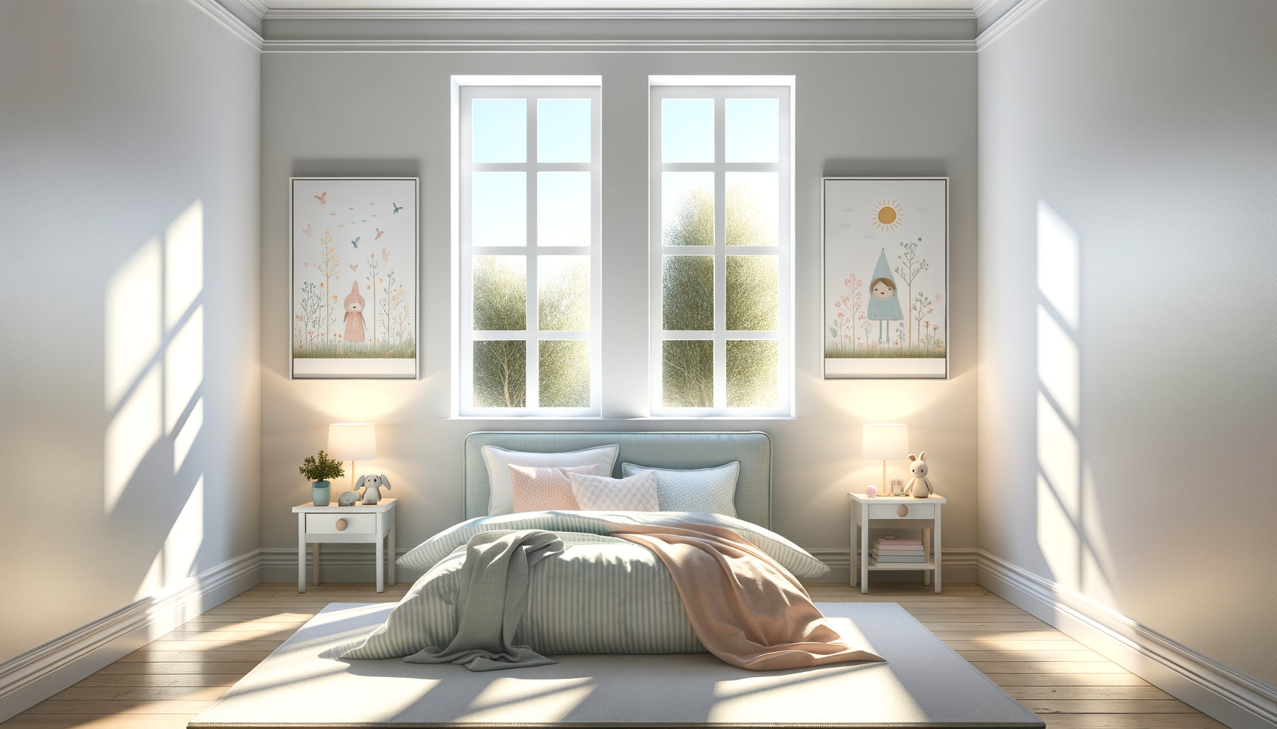 Chambre d'enfant contemporaine avec diptyque 2x40x60cm encadrant fenêtre, lumière naturelle, décoration symétrique apaisante
