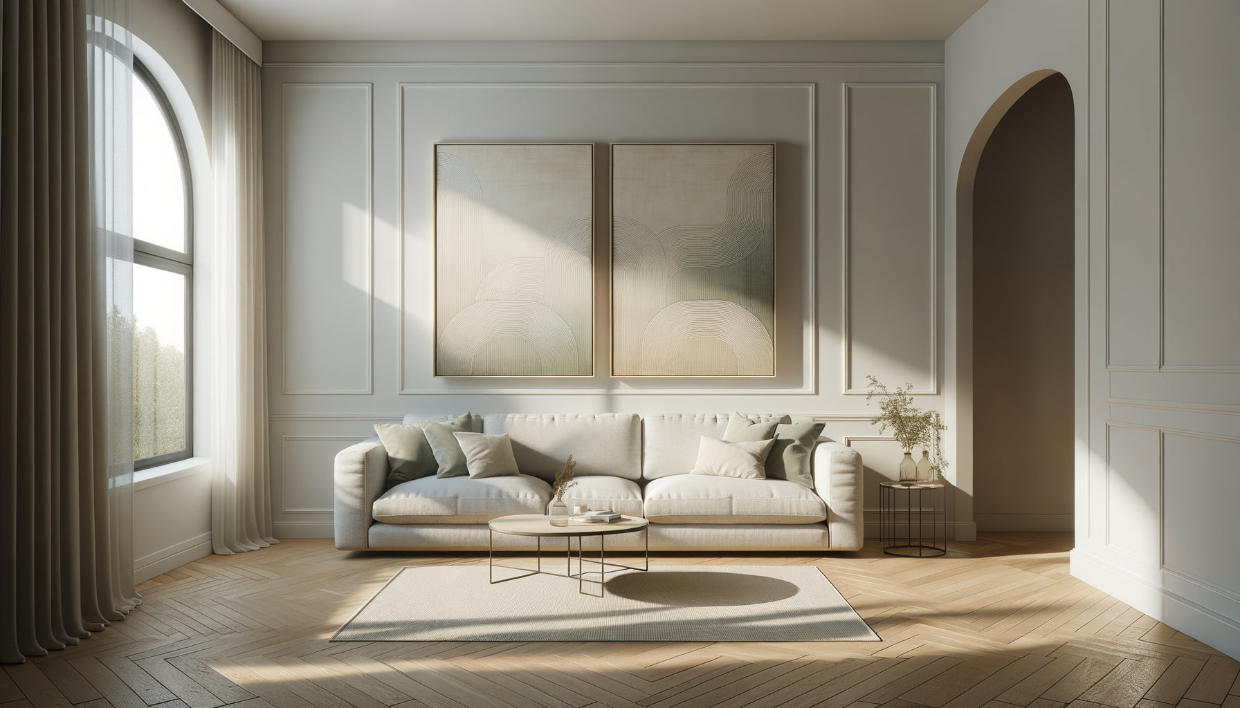 Diptyque moderne format 50x70 cm parfaitement disposé sur mur blanc d'appartement contemporain style scandinave