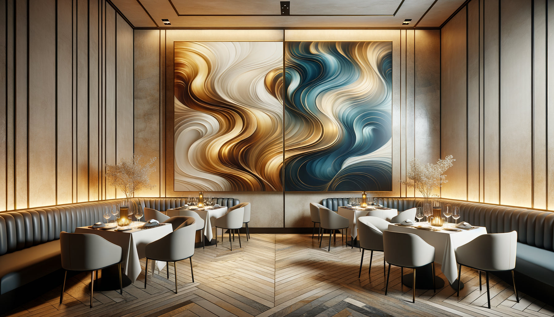 Diptyque contemporain installé sur deux murs adjacents créant une continuité visuelle dans un restaurant élégant moderne