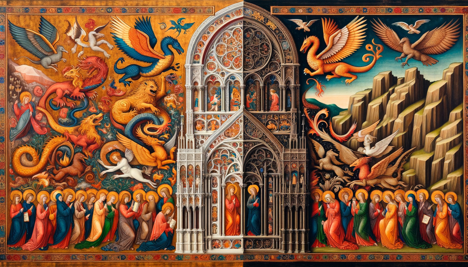 Contraste entre art sacré médiéval avec griffons et dragons et art religieux du 16ème siècle épuré