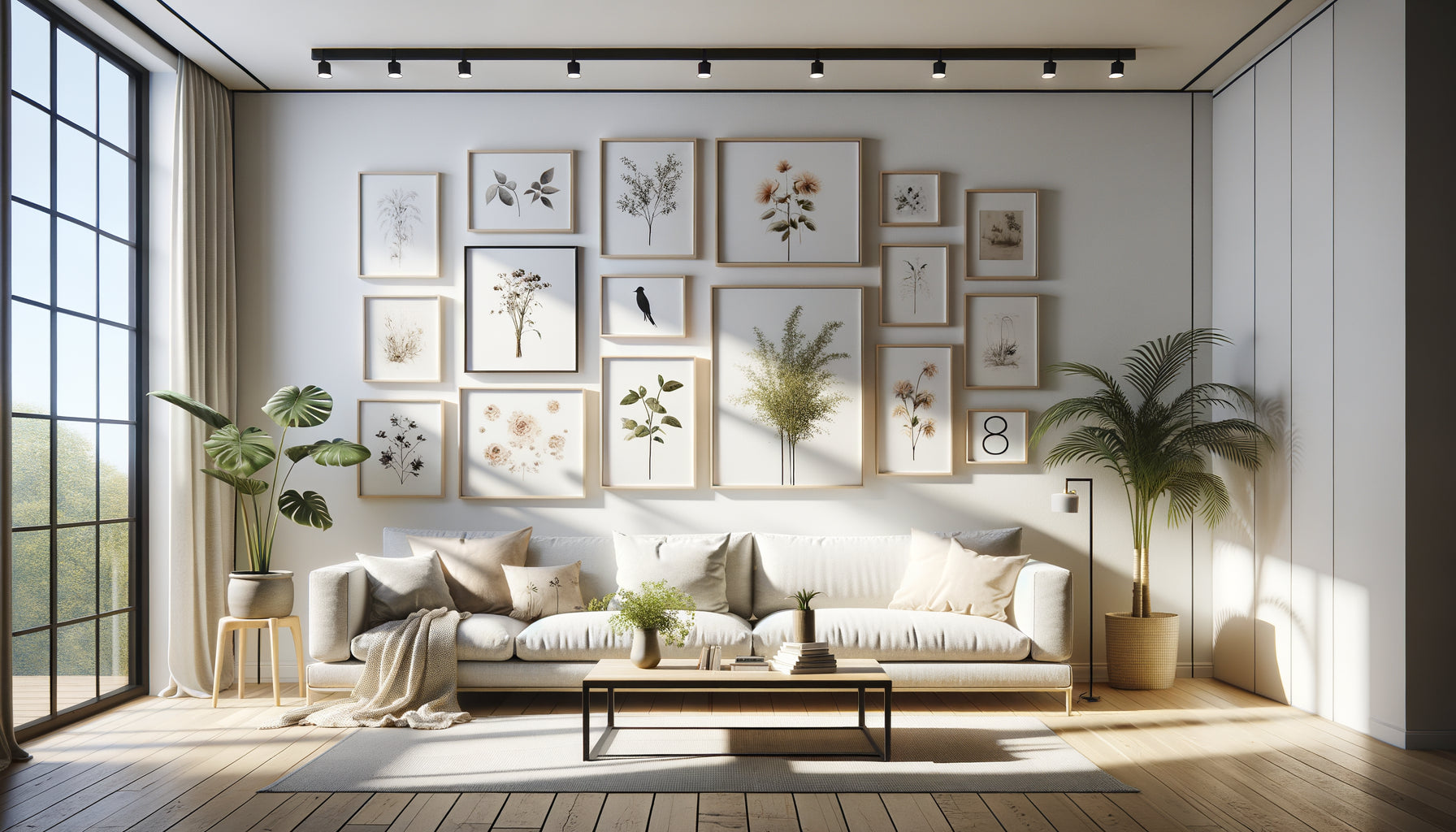 Disposition professionnelle de multiples petits cadres sur grand mur blanc d'un Airbnb contemporain style scandinave