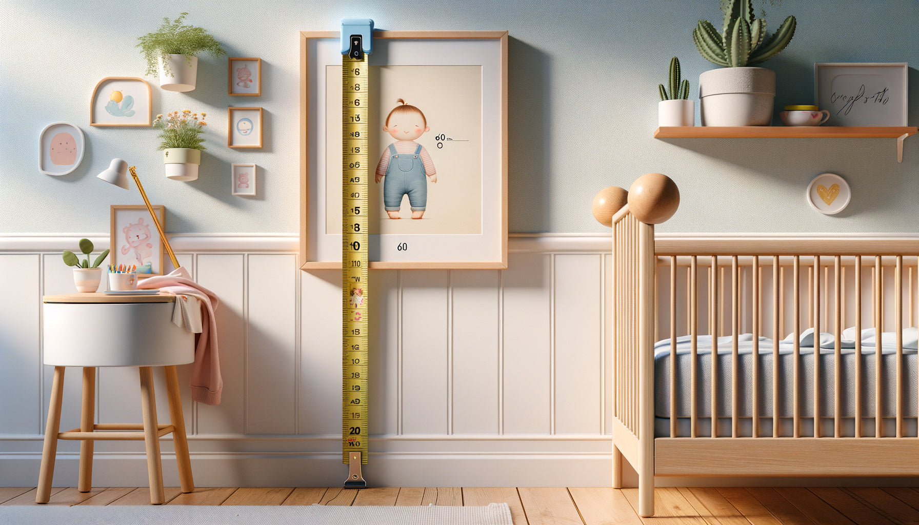Mesure de la distance de sécurité de 60 centimètres entre un tableau mural et la tête de lit d'enfant avec mètre ruban