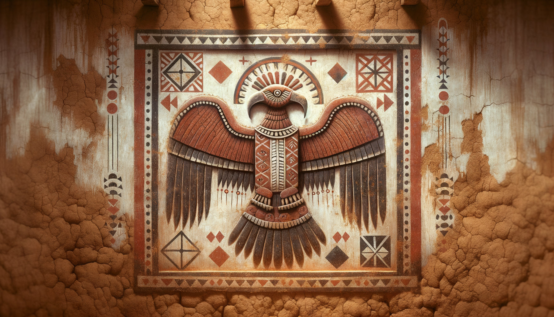 Peinture murale traditionnelle ewe du Ghana représentant une divinité hybride mi-humaine mi-animale sur mur d'argile ocre