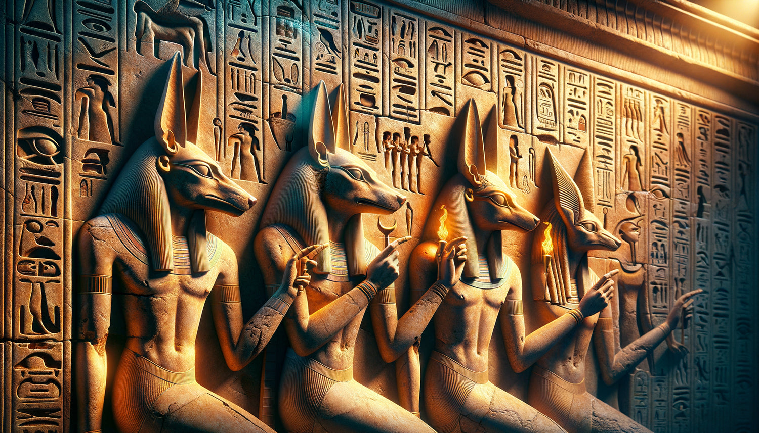 Relief mural égyptien antique montrant des divinités hybrides à têtes animales gravées dans la pierre avec hiéroglyphes et pigments d'époque