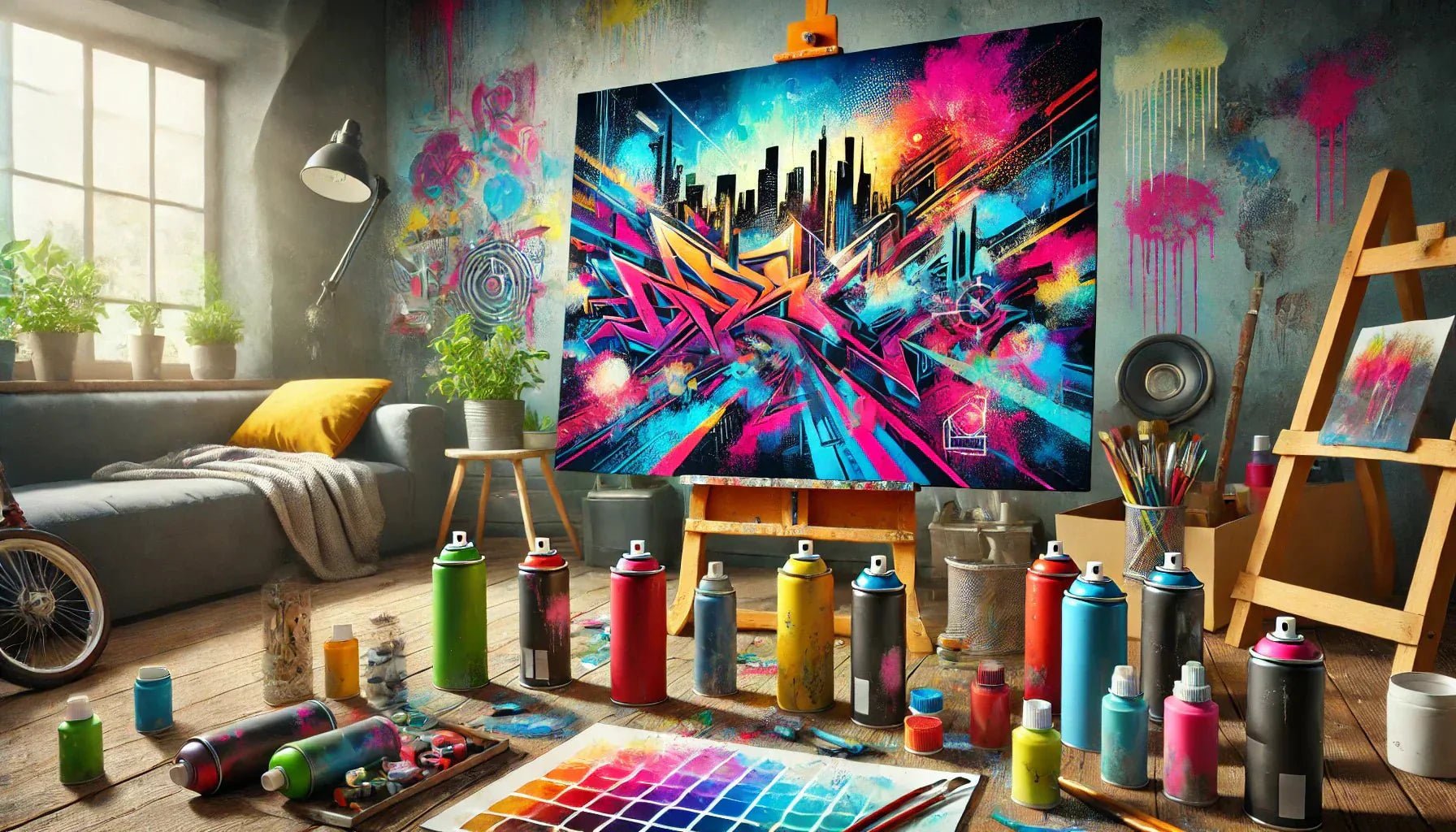DIY tableau street art coloré avec pochoirs et graffiti pour une décoration murale urbaine et moderne dans une chambre.