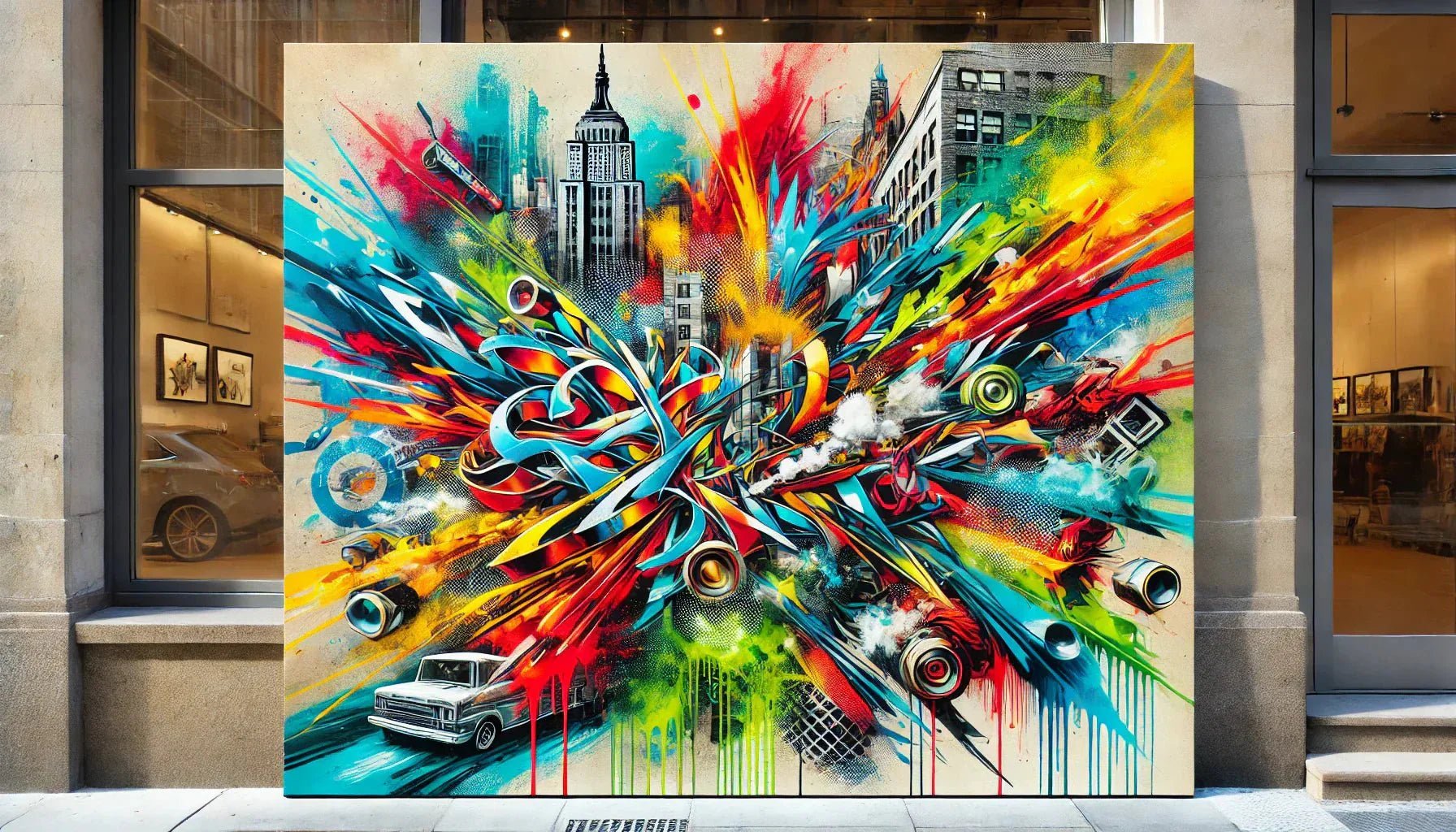 Création d’un tableau street art multicolore avec bombes de peinture et pochoirs, mettant en avant des couleurs vives et des effets dynamiques inspirés du graffiti et de la culture urbaine.