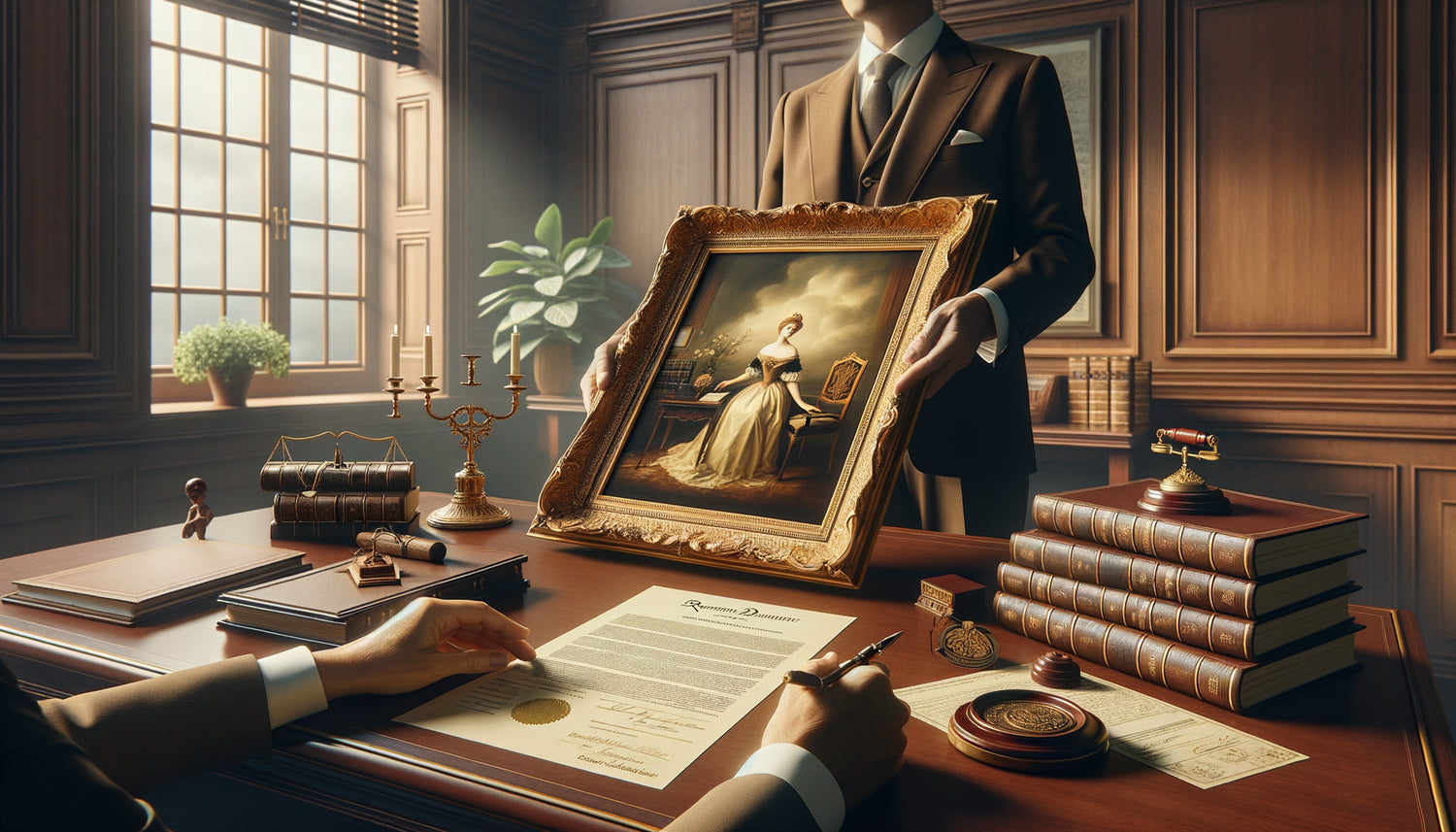 Transmission notariale d'un tableau en donation anticipée, scène juridique avec documents et œuvre d'art encadrée