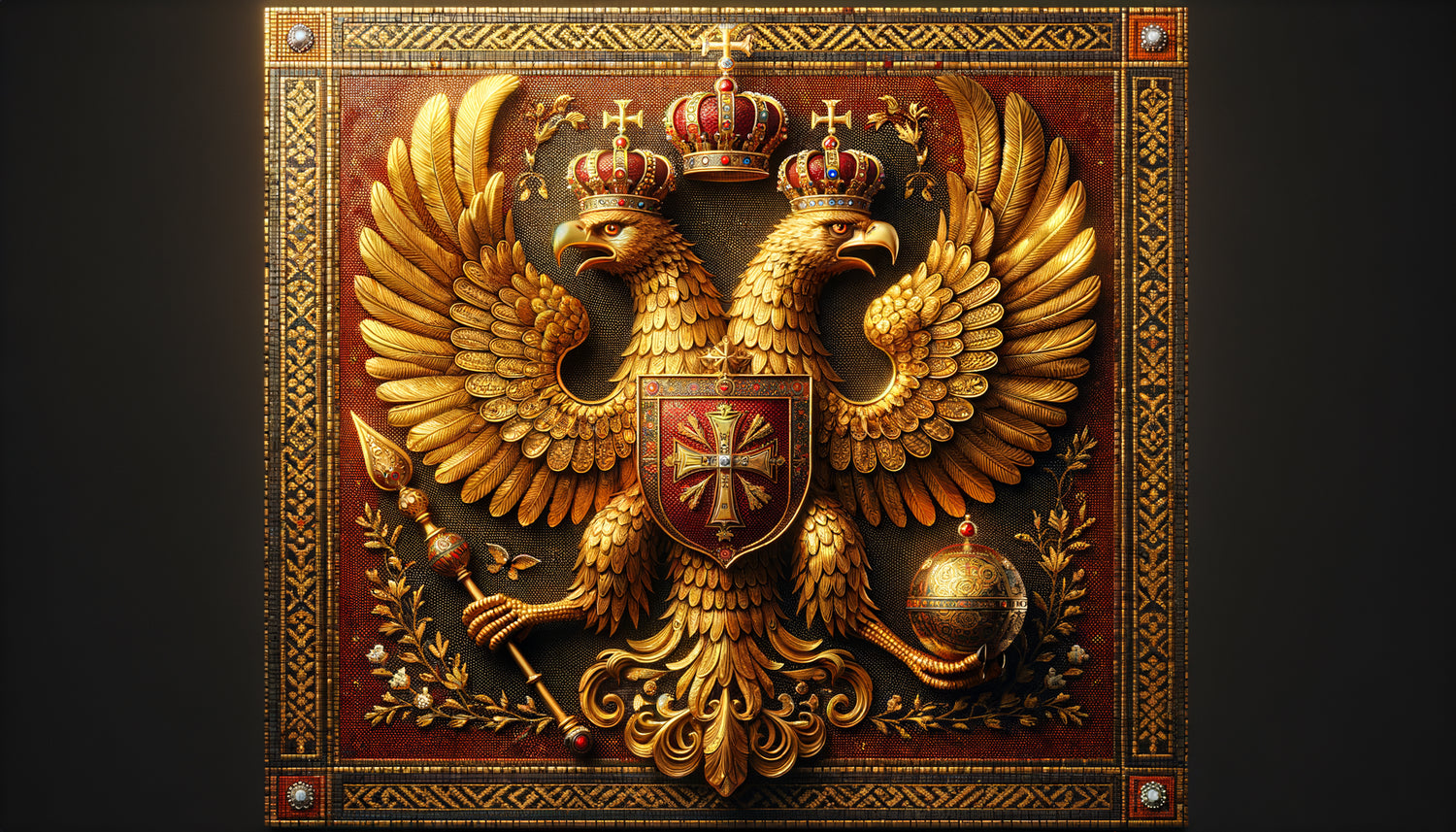 Emblème héraldique byzantin du double aigle impérial couronné, or et pourpre, style iconographique médiéval orthodoxe authentique
