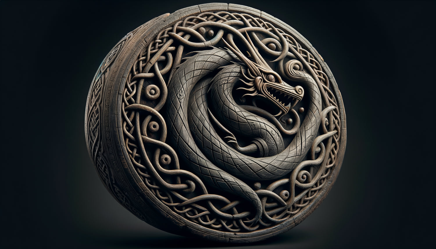 Sculpture viking authentique montrant un dragon nordique entrelacé dans des nœuds impossibles, style Urnes 11ème siècle